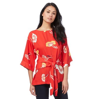 Red floral print kimono top